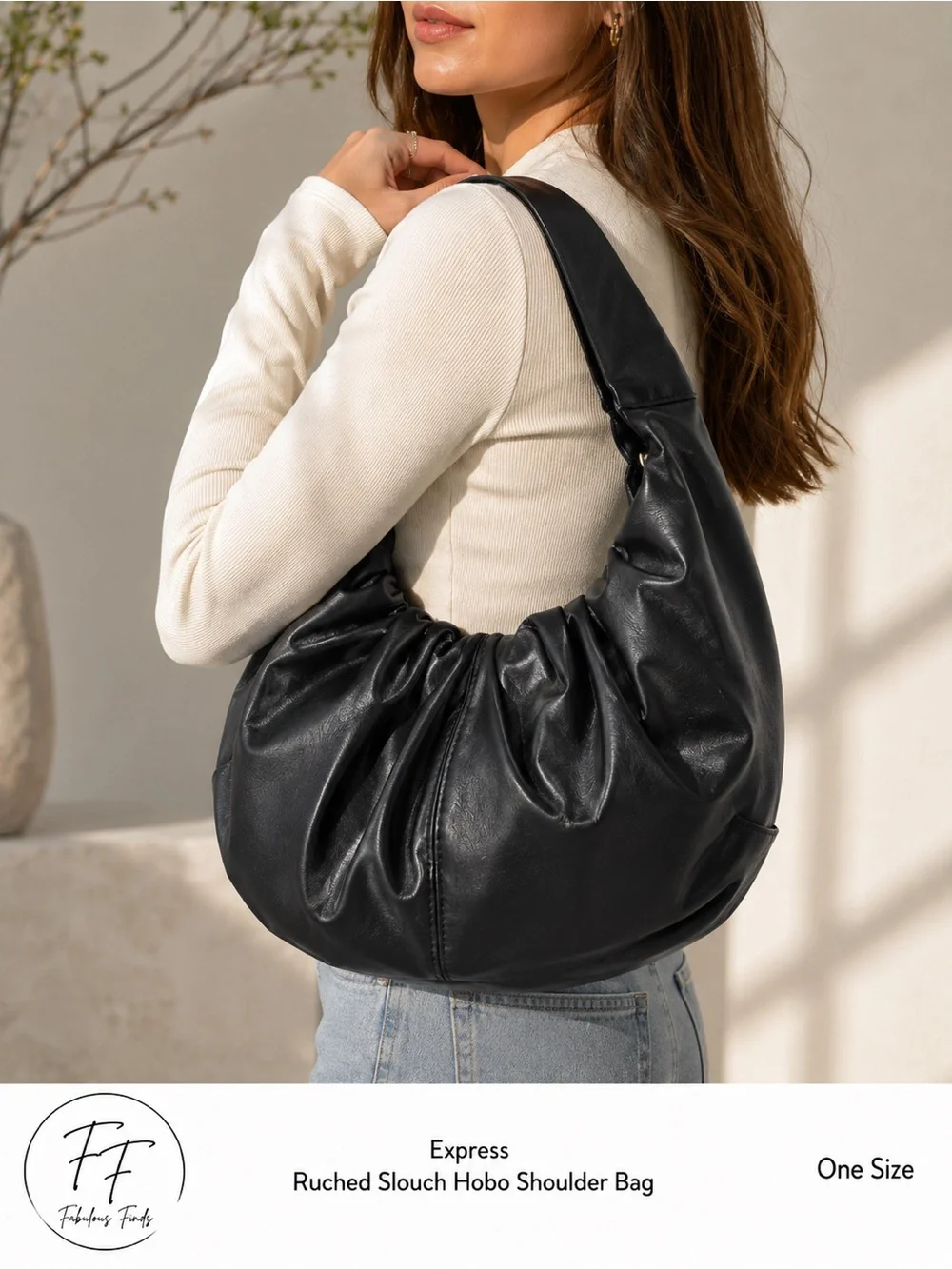 Express Black Ruched Faux Leather Slouch Hobo Shoulder Bag